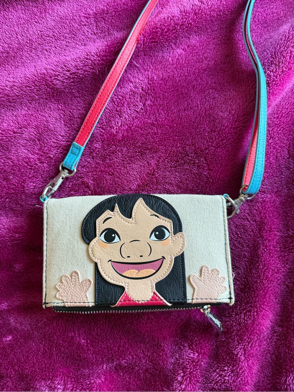 Loungefly Beige Crossbody Wallet with Black, Pink and Teal Accents
